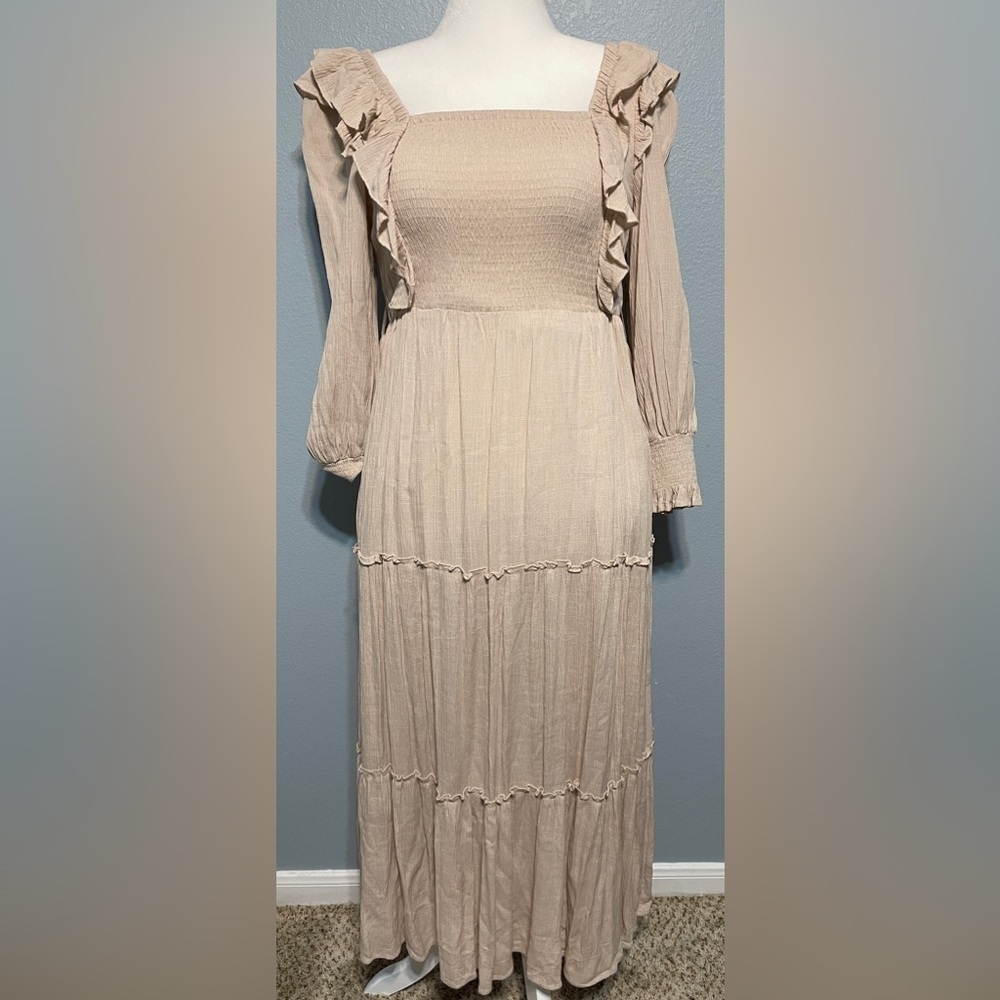 In Loom Smocked Ruffle Strap Maxi Dress Beige Prairie Cottagecore Boho Medium - Picture 1 of 8